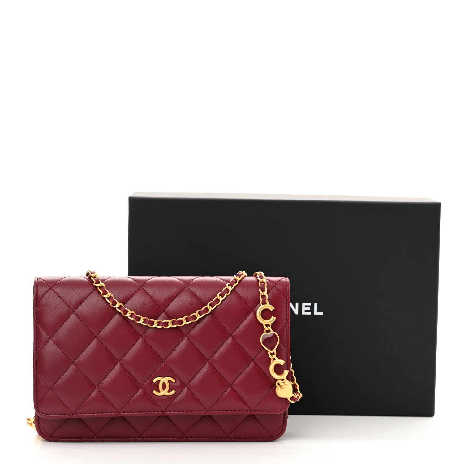 Chanel Lambskin Resin Quilted Coco Hearts Wallet On Chain WOC Burgundy 12 of 12