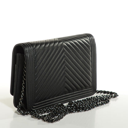 Chanel Calfskin Chevron Boy Wallet On Chain WOC Black 3 of 7