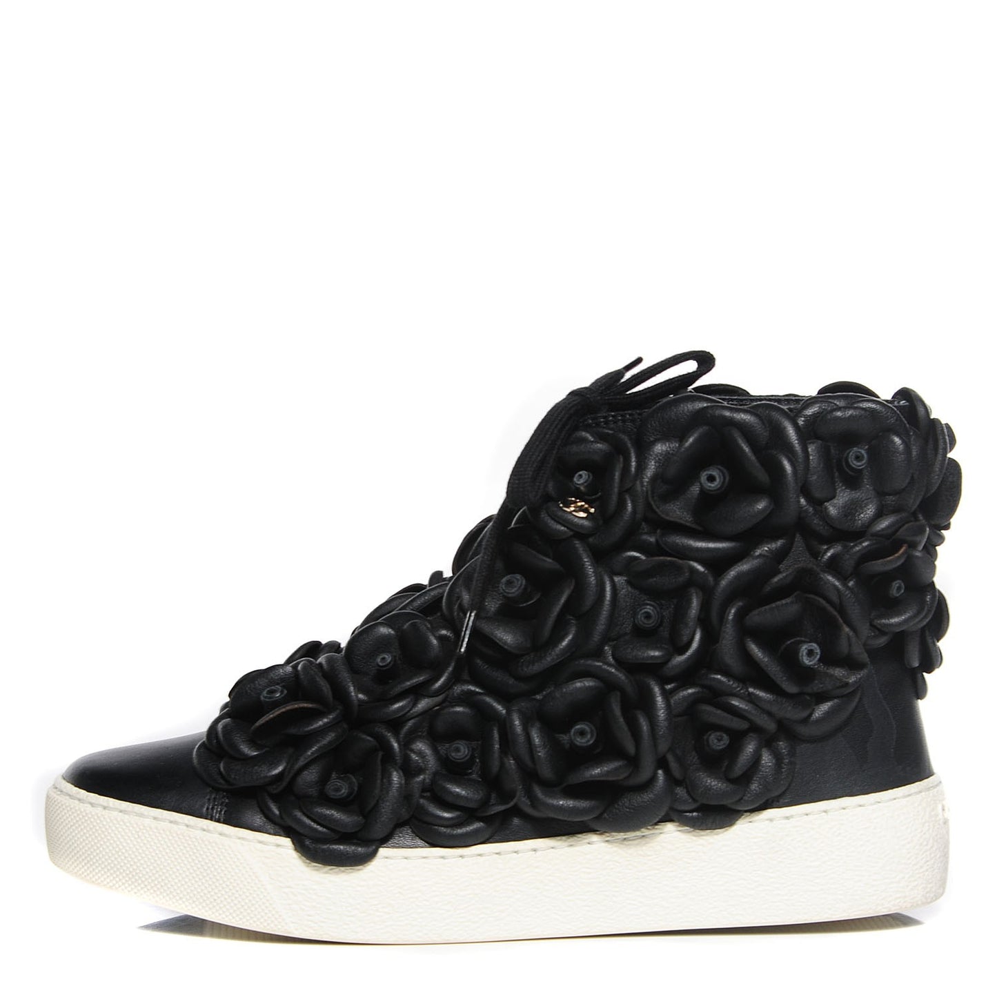 Calfskin Camellia High Top Sneakers 36 Black