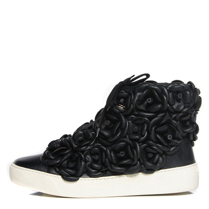 Chanel Calfskin Camellia High Top Sneakers 36 Black 1 of 7