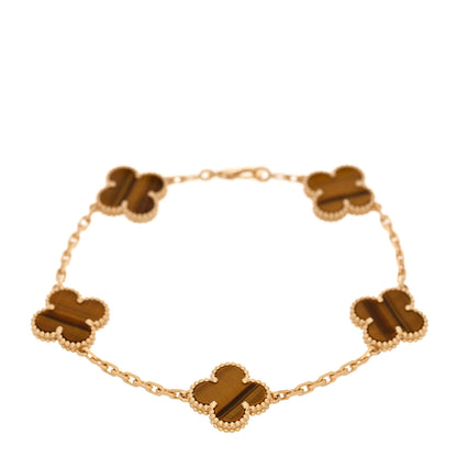 Van Cleef & Arpels 18K Yellow Gold Tiger Eye 5 Motifs Vintage Alhambra Bracelet 1 of 5