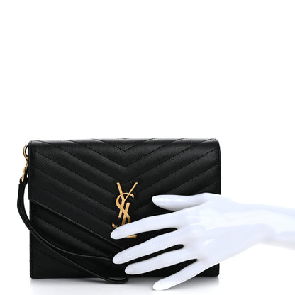 Saint Laurent Grain De Poudre Matelasse Chevron Monogram Envelope Clutch Black 2 of 11