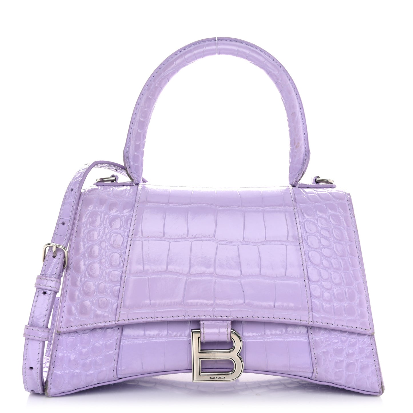 Shiny Calfskin Crocodile Embossed Small Hourglass Top Handle Bag Lilac