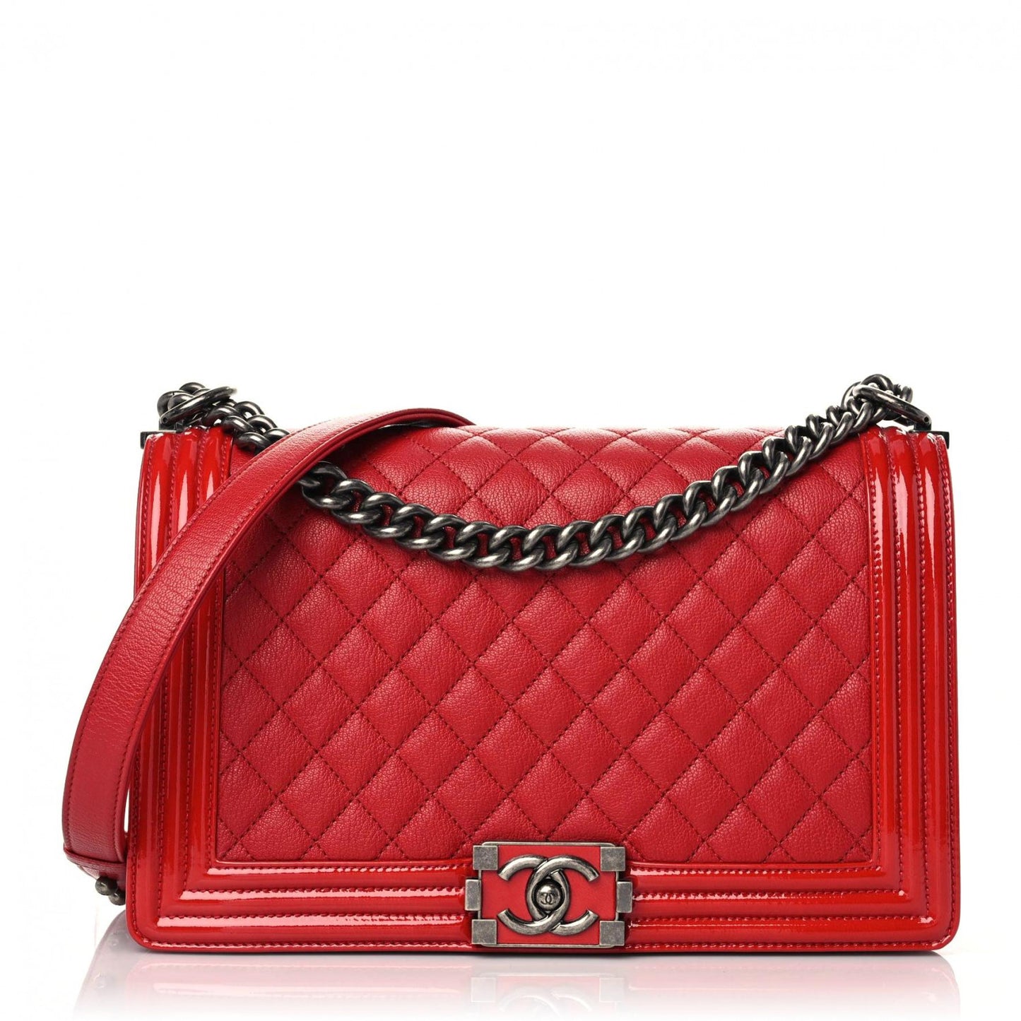 Patent Goatskin Quilted New Medium Boy Flap Red