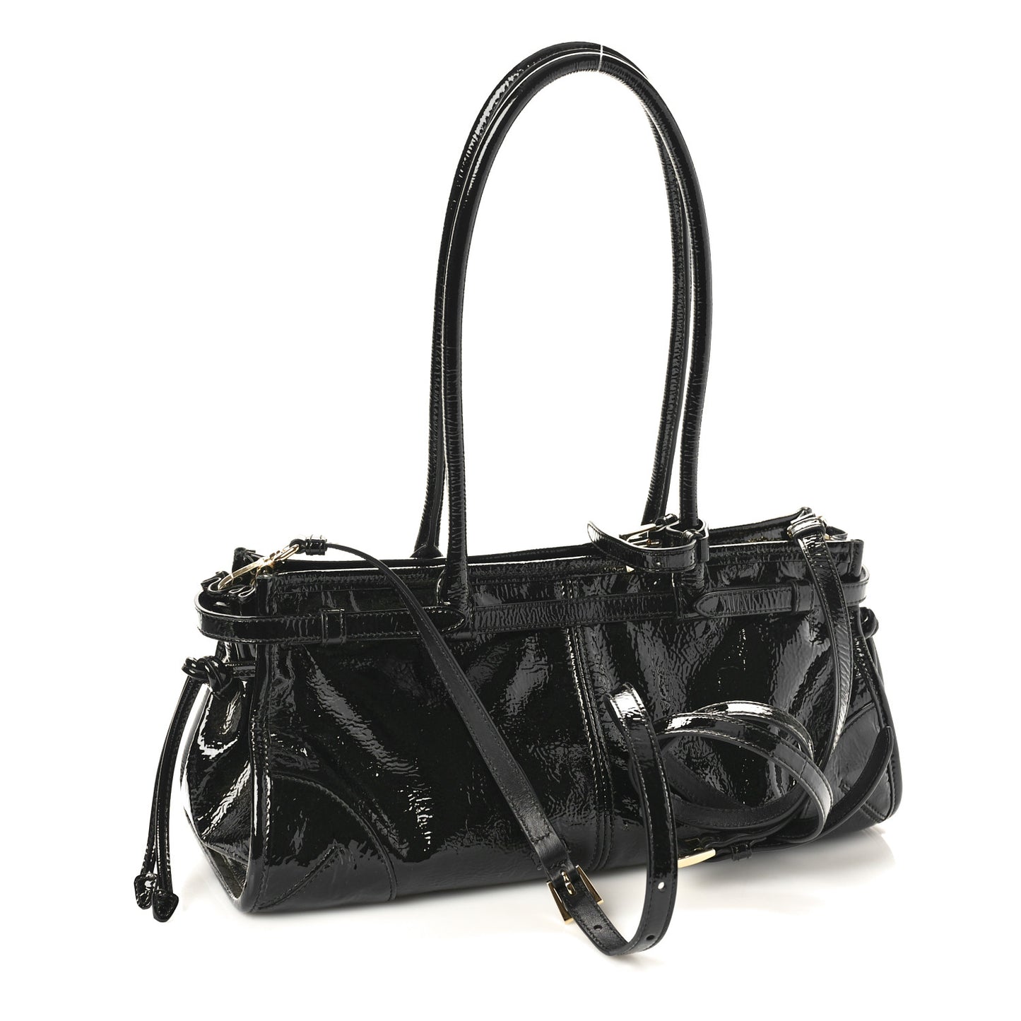 Glossy Calfskin Medium Shoulder Bag Black