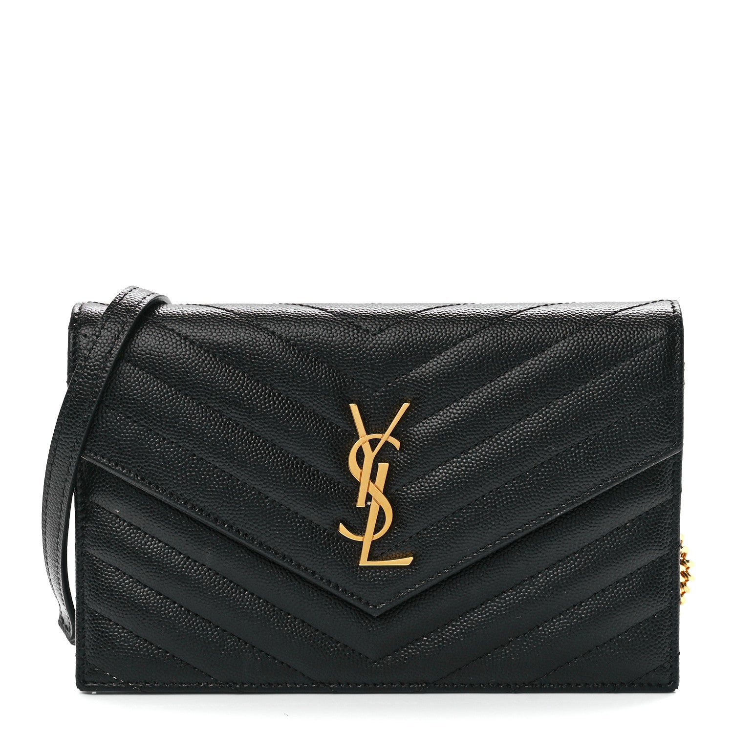 Saint Laurent Grain De Poudre Matelasse Chevron Monogram Envelope Chain Wallet Black 1 of 11