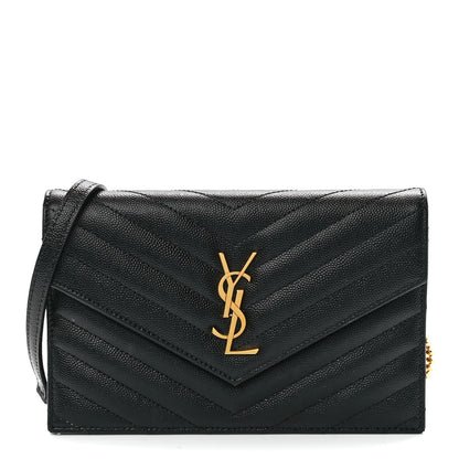 Saint Laurent Grain De Poudre Matelasse Chevron Monogram Envelope Chain Wallet Black 1 of 11