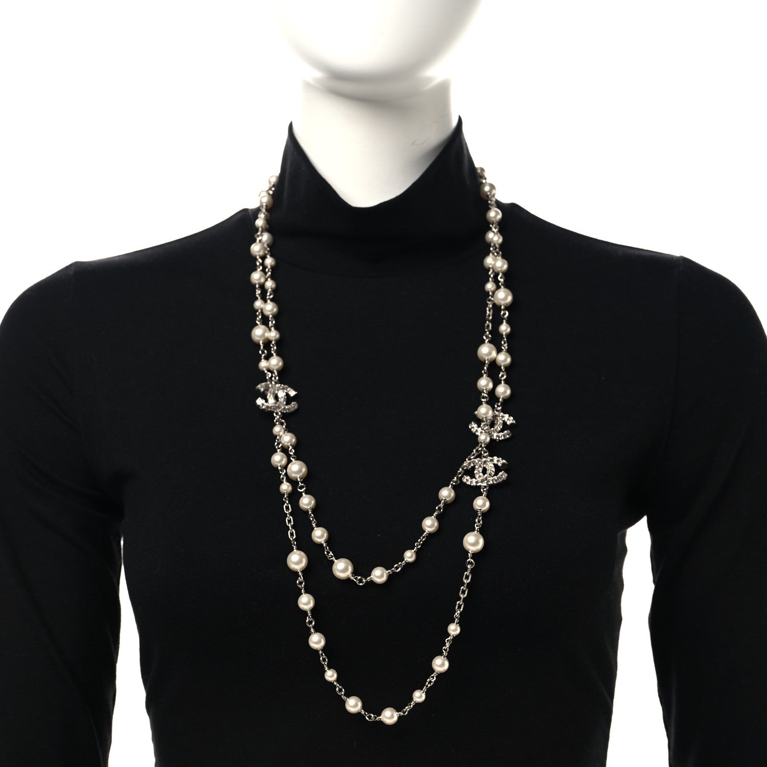 Chanel Crystal Pearl CC Long Necklace Silver 2 of 4
