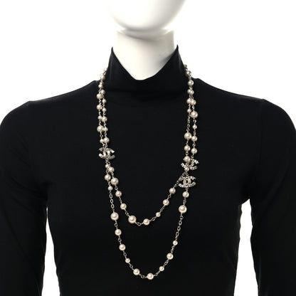 Chanel Crystal Pearl CC Long Necklace Silver 2 of 4