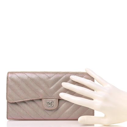 Chanel Iridescent Caviar Chevron Quilted Large Gusset Flap Wallet Light Pink 2 of 14