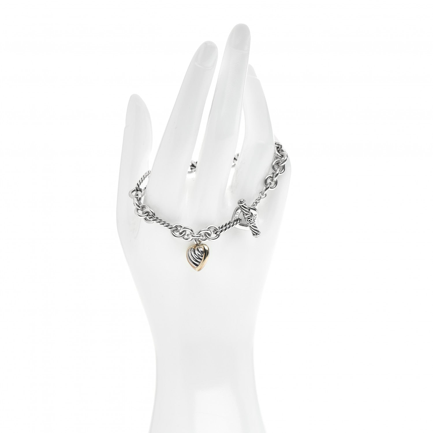David Yurman Sterling Silver 18K Yellow Gold Cable Heart Charm Bracelet 2 of 4