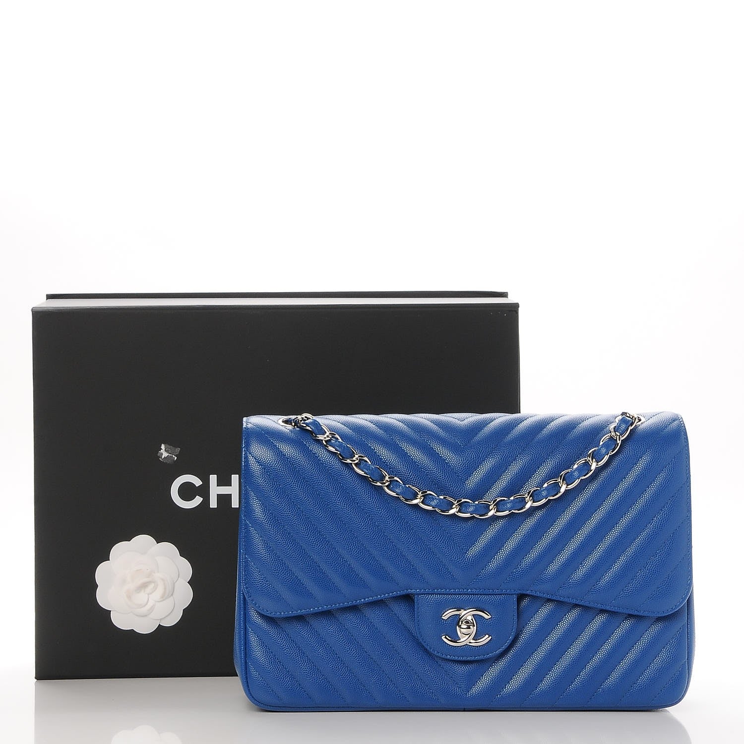 Chanel Caviar Chevron Quilted Jumbo Double Flap Blue 9 of 9
