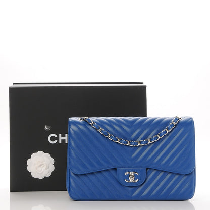 Chanel Caviar Chevron Quilted Jumbo Double Flap Blue 9 of 9