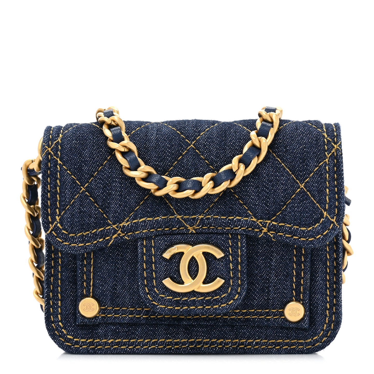 Denim Quilted Double You Card Holder On Chain Blue