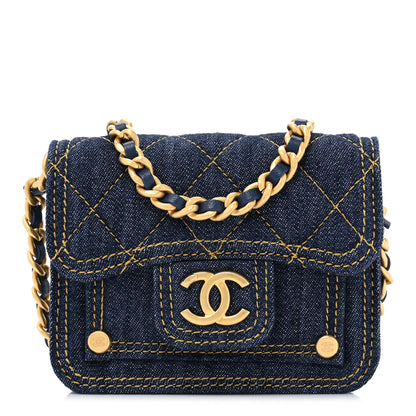 Chanel Denim Quilted Double You Card Holder On Chain Blue 1 of 10