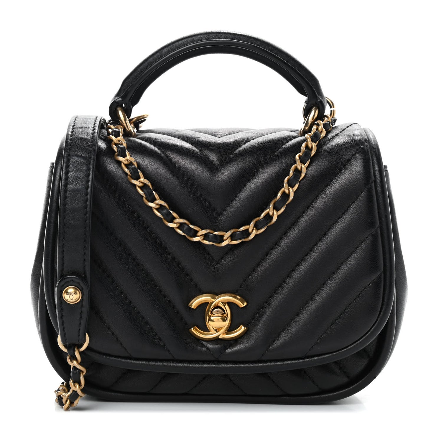 Lambskin Reverse Chevron Quilted Mini Round Top Handle Flap Black