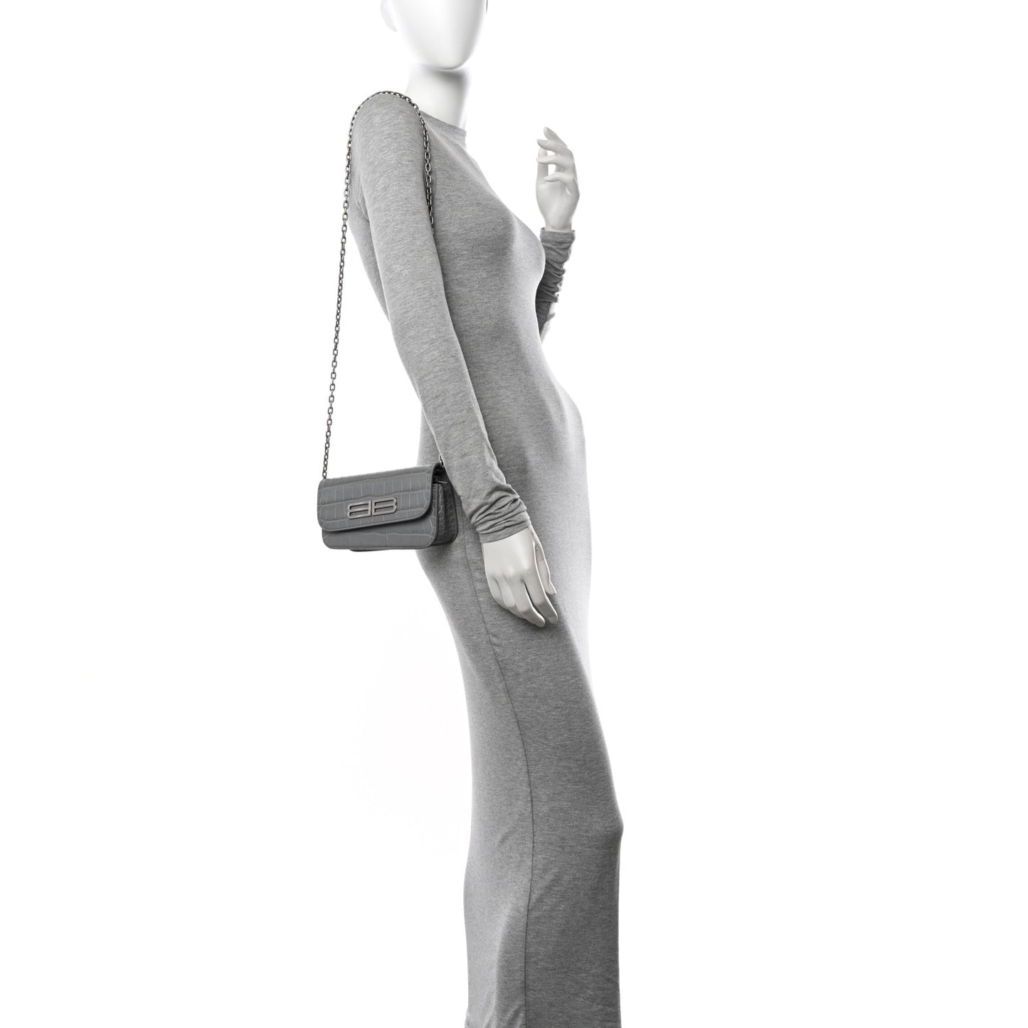 Extra Supple Calfskin Crocodile Embossed Gossip Chain Bag XS Grey