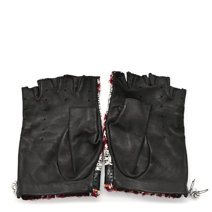 Chanel Tweed Lambskin Fingerless CC Gloves 8.5 Black White Red 3 of 8
