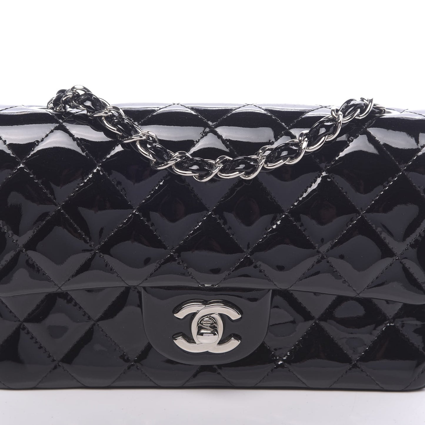 Patent Calfskin Quilted Mini Rectangular Flap Black