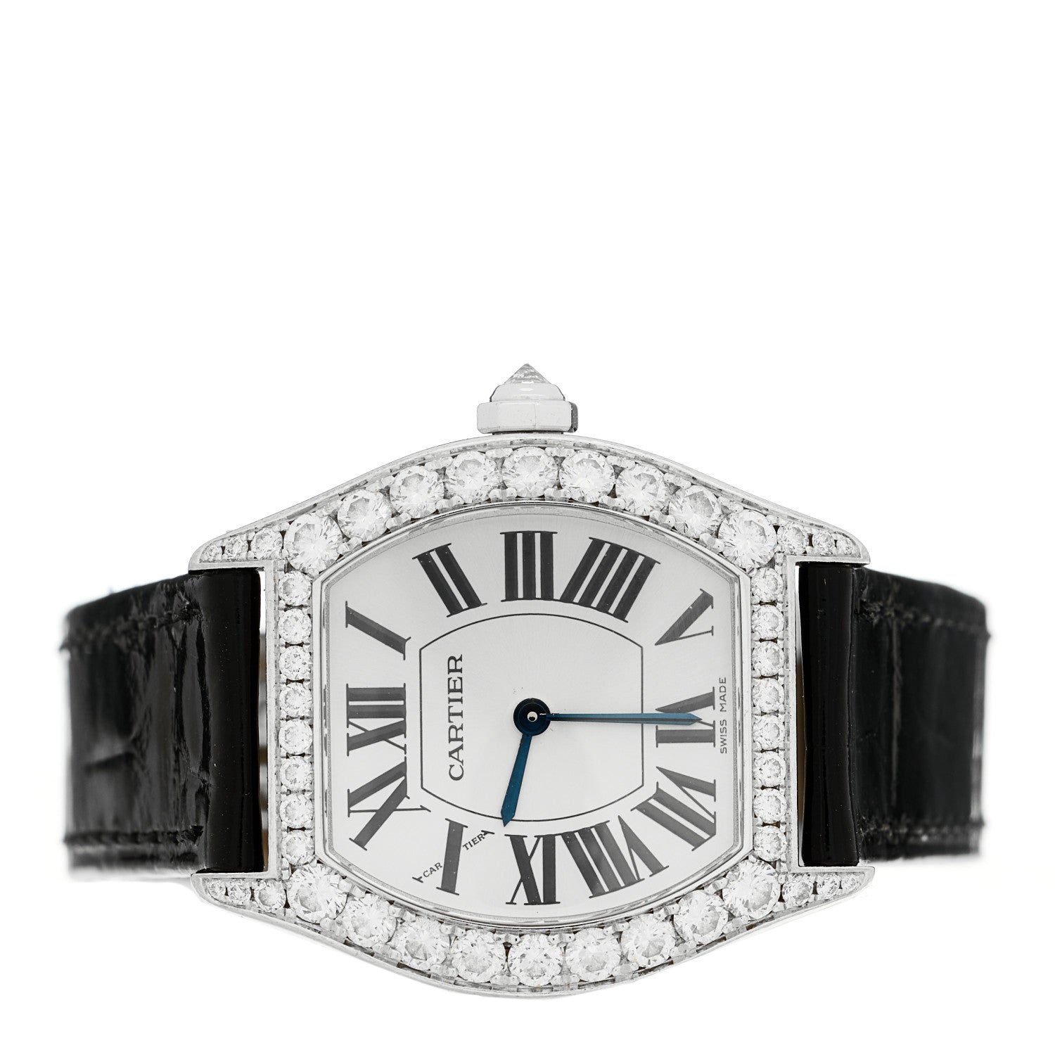 Cartier 18K White Gold Alligator Diamond Bezel 28mm Tortue Manual