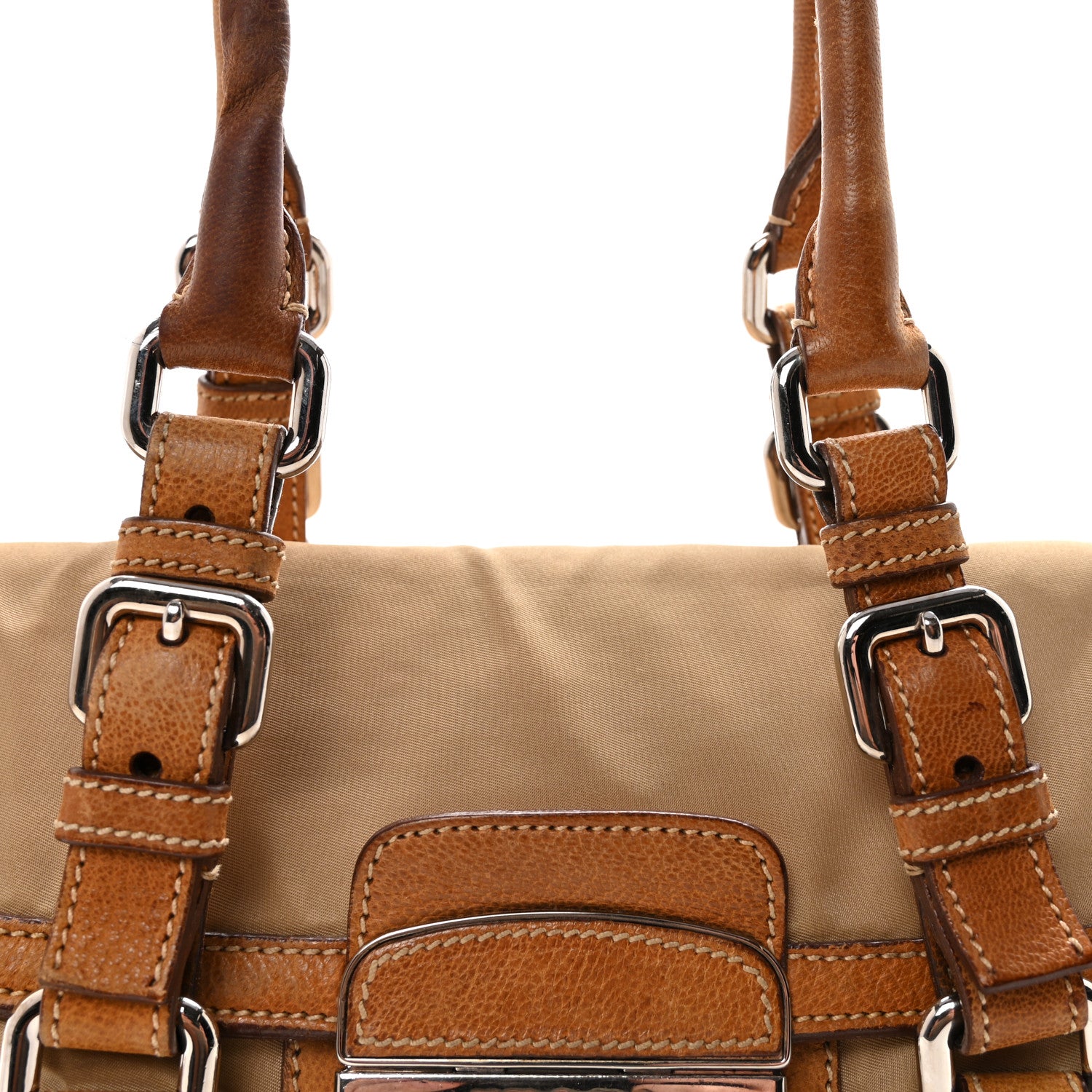 Prada Tessuto Nylon Vitello Foldover Pushlock Satchel Beige 8 of 10