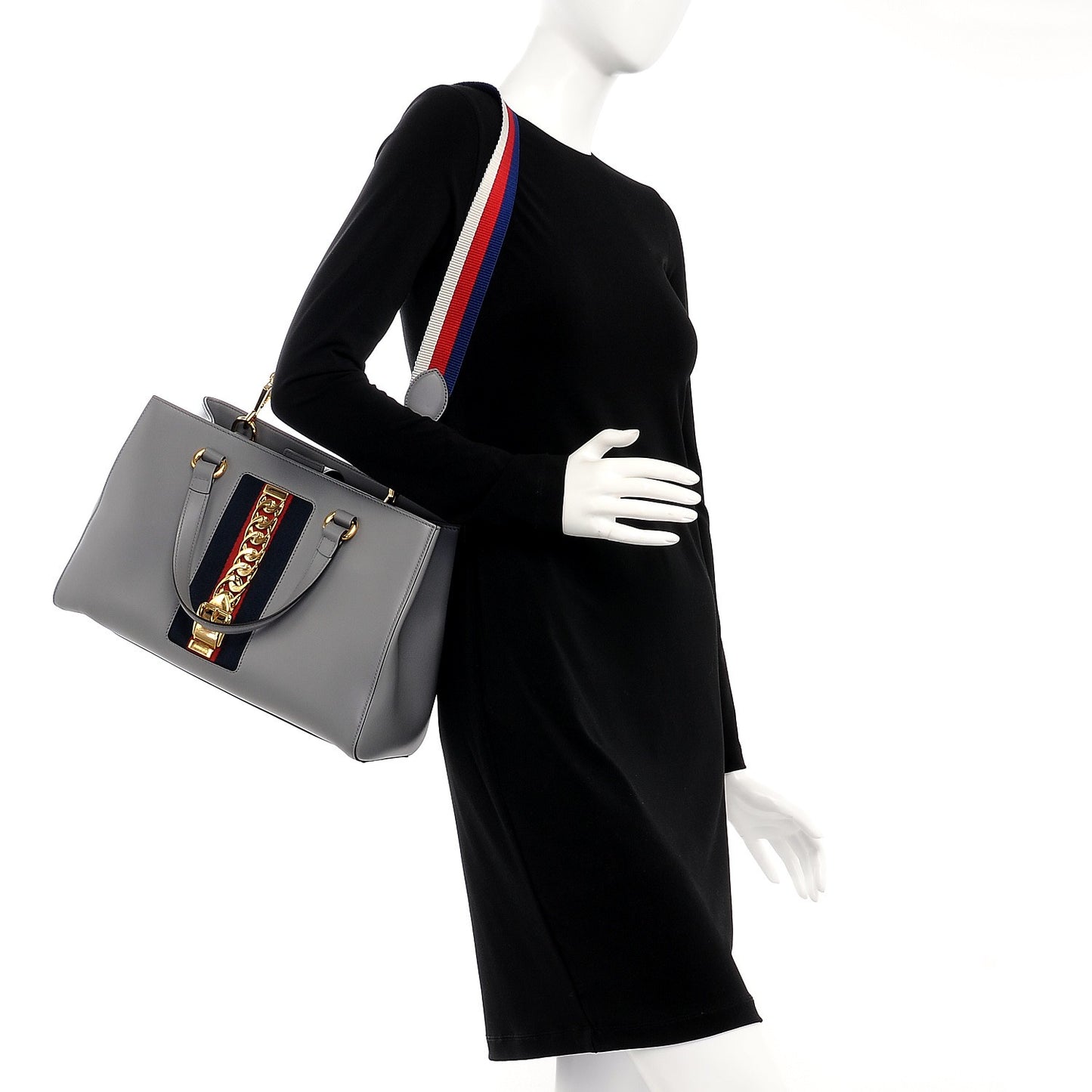 Calfskin Web Large Sylvie Top Handle Tote Deep Grey