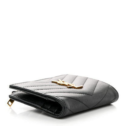 Saint Laurent Grain De Poudre Matelasse Chevron Monogram Zipped Card Case Black 4 of 7