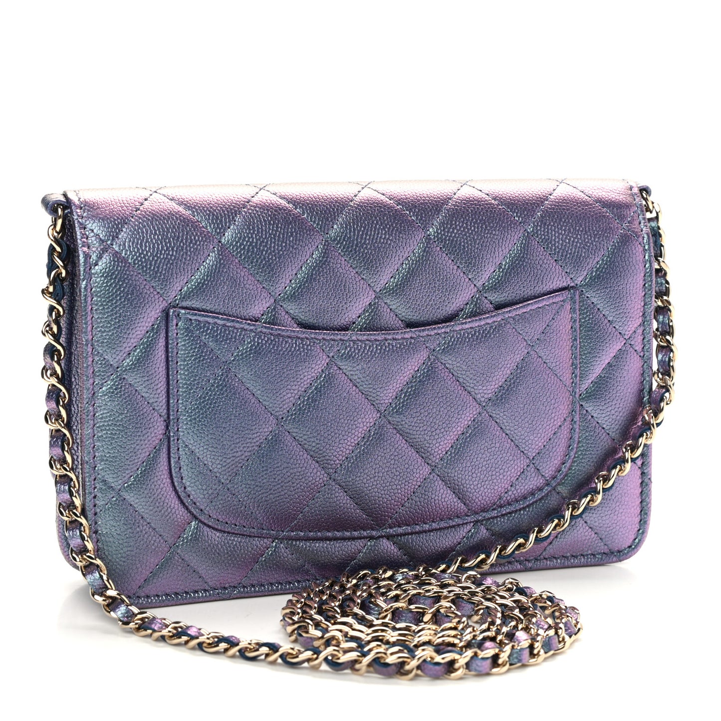Iridescent Caviar Quilted Wallet On Chain WOC Dark Blue