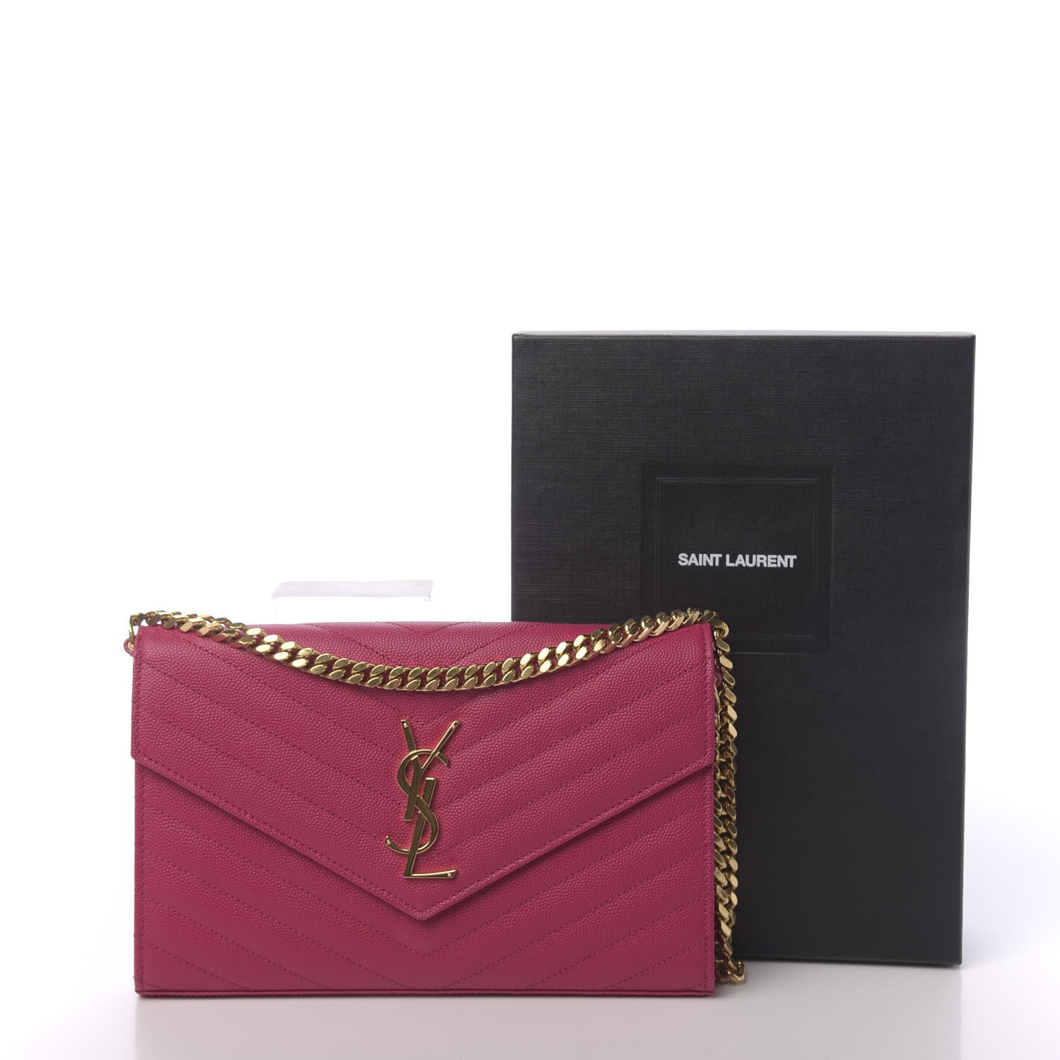 Saint Laurent Grain De Poudre Matelasse Chevron Monogram Chain Wallet Fuchsia 11 of 11