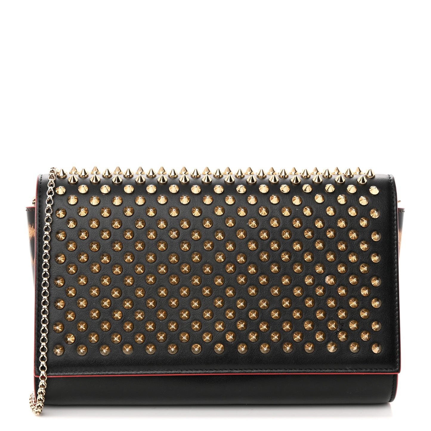 Calfskin Patent Leopard Spikes Paloma Clutch Black