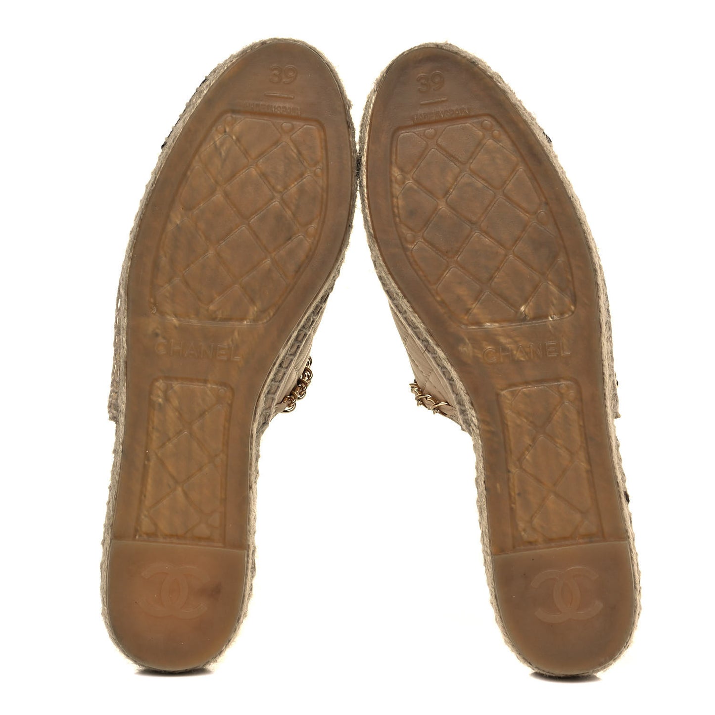 Lambskin Grosgrain Quilted CC Chain Espadrille Mules 39 Beige Black
