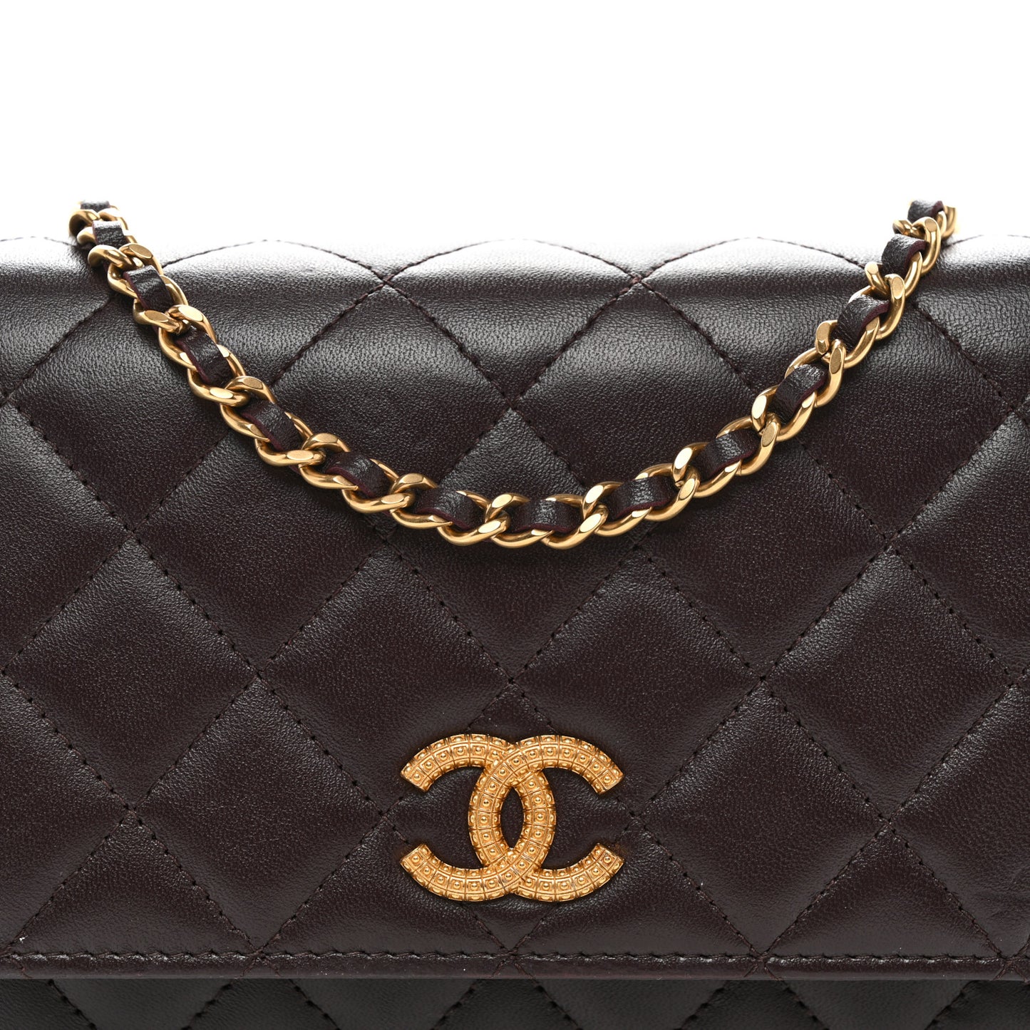 Lambskin Quilted Studded CC Wallet On Chain WOC Brown