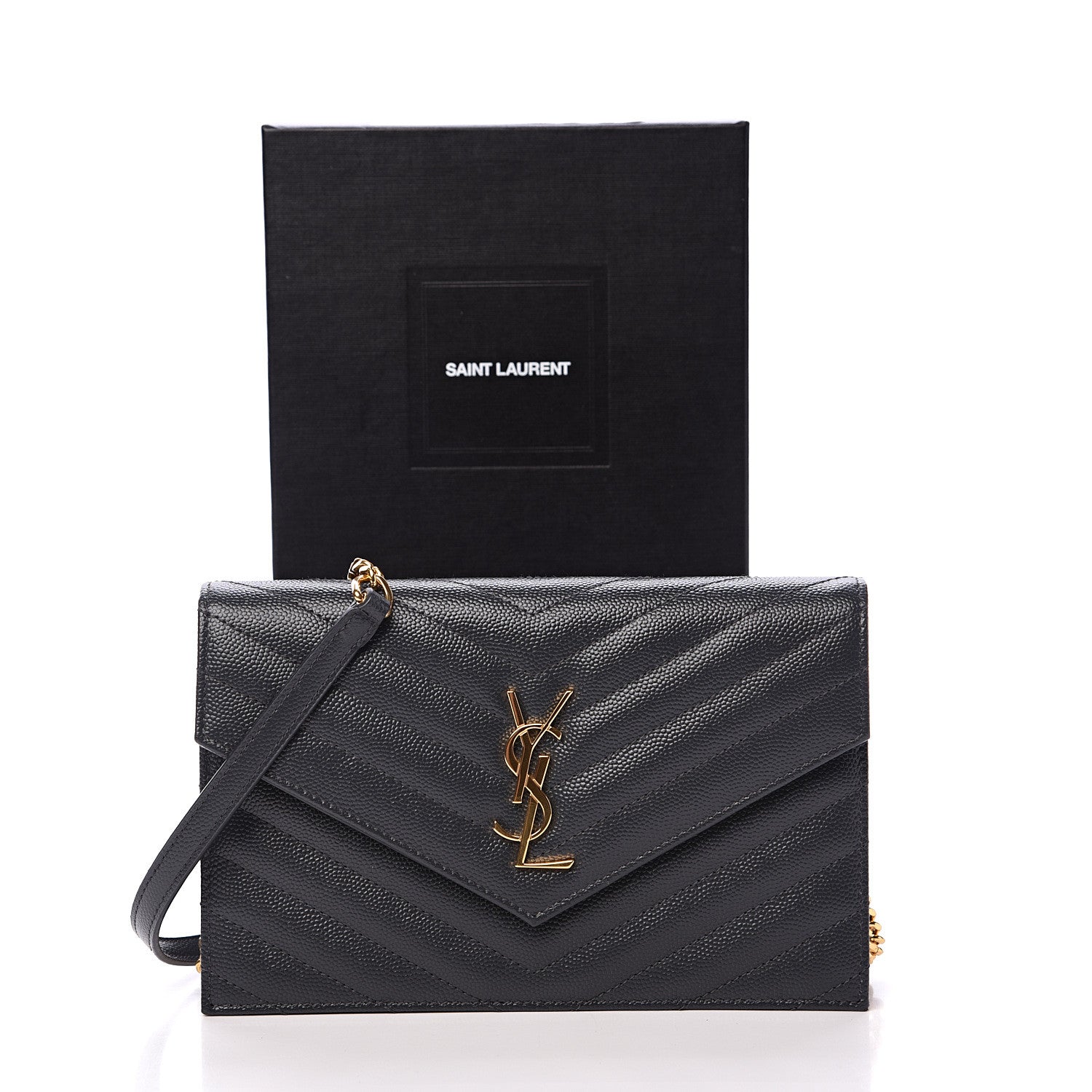 Saint Laurent Grain De Poudre Matelasse Chevron Monogram Envelope Chain Wallet Smog 10 of 10