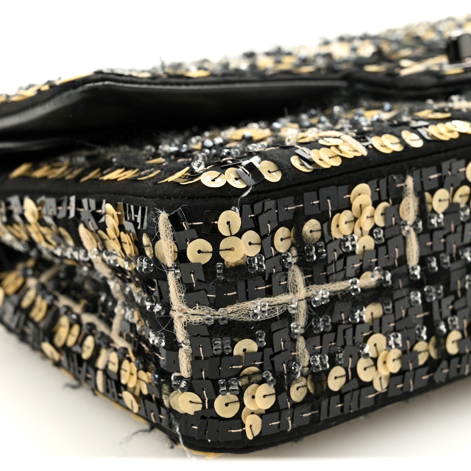Chanel Satin Sequin Embroidered Medium Double Flap Black 9 of 12