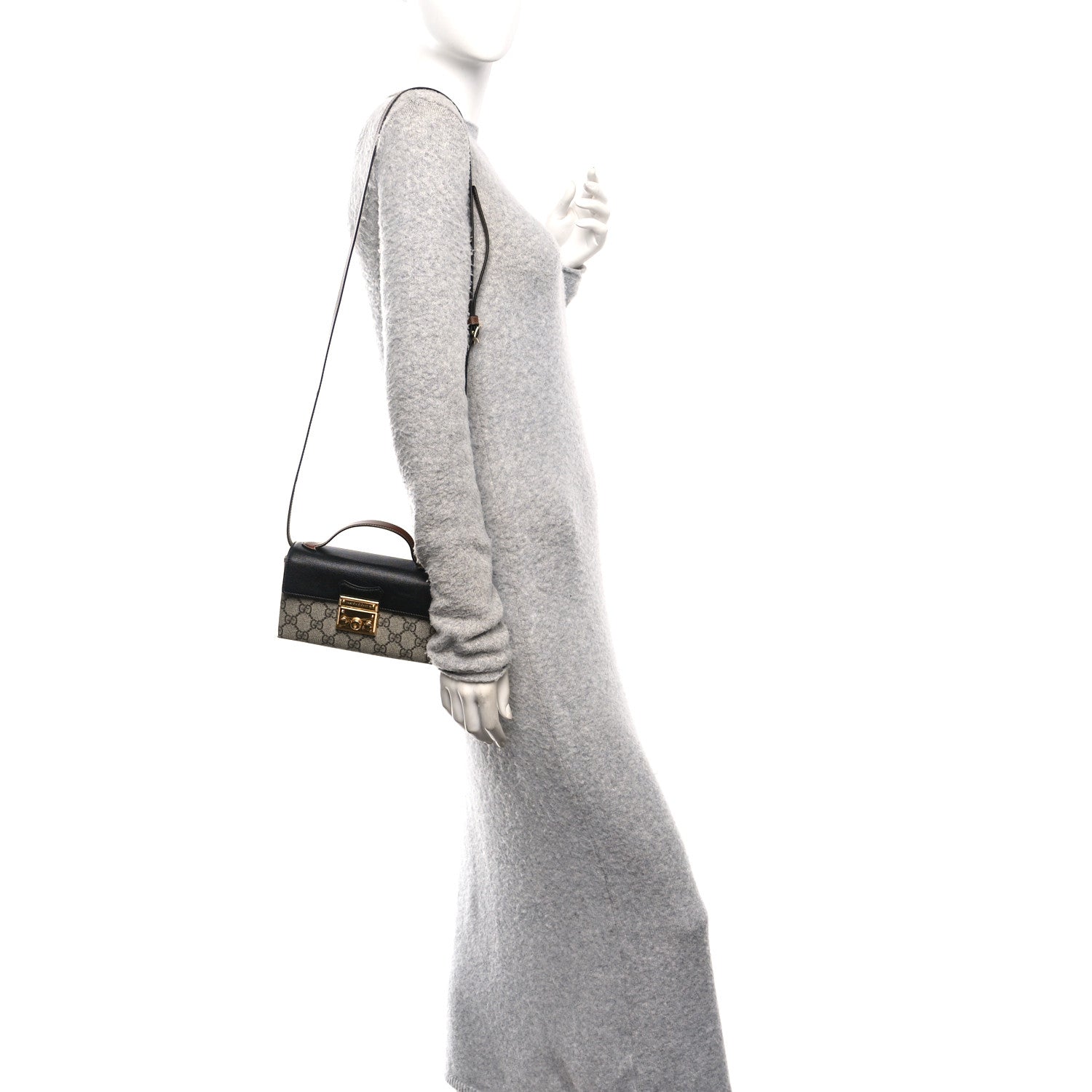 Gucci GG Supreme Monogram Calfskin Mini Padlock Top Handle Shoulder Bag Beige Black Cuir 3 of 13