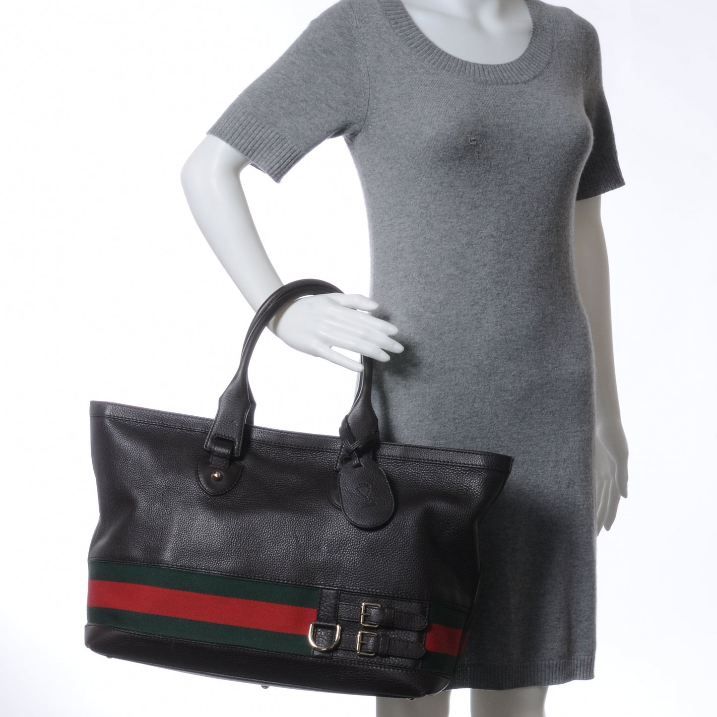 Leather Large Web Heritage Tote Dark Brown