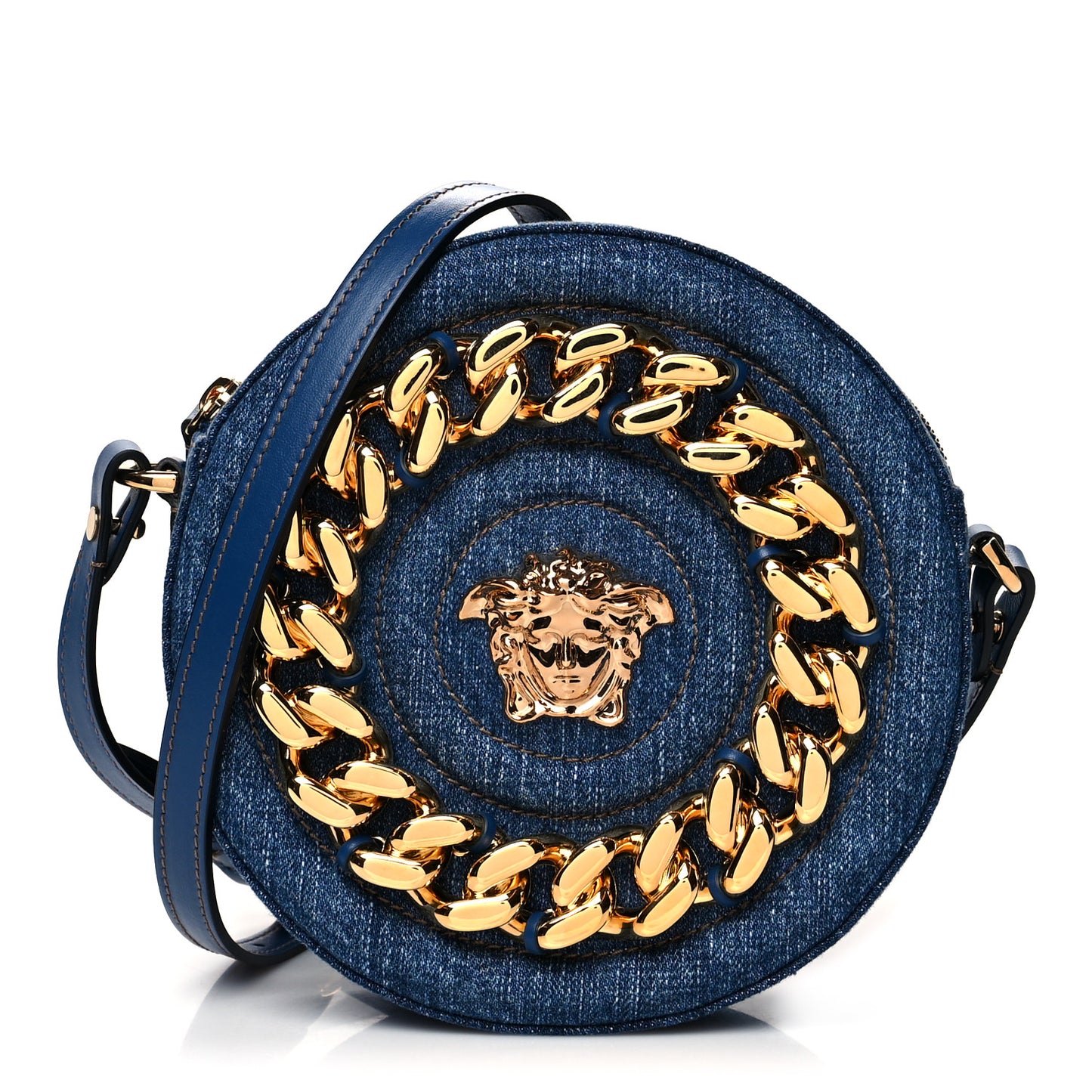 Denim Mini La Medusa Chain Round Crossbody Bag Navy Blue