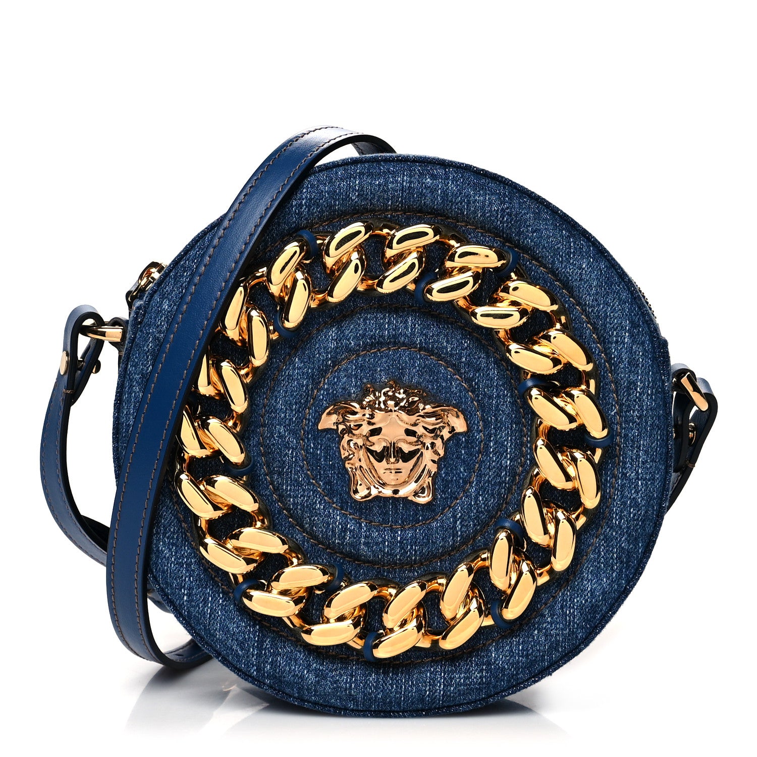 Versace Denim Mini La Medusa Chain Round Crossbody Bag Navy Blue 1 of 9
