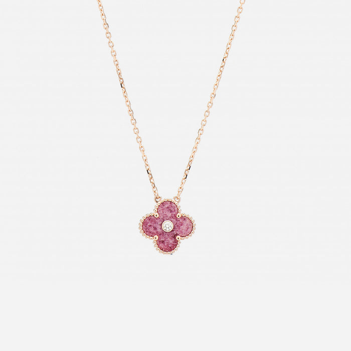 Product image of Van Cleef & Arpels Rose Gold Diamond Rhodonite Vintage Alhambra Pendant Necklace FASHIONPHILE