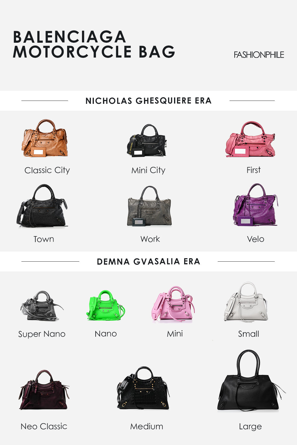 Design graphic of the different sizes of the Balenciaga Motorcycle bag