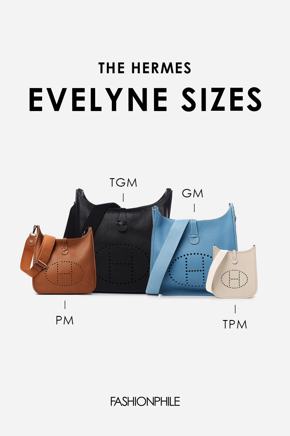 Design graphic of Hermes Evelyne Sizes FASHIONPHILE