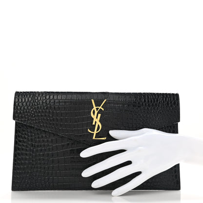 Saint Laurent Calfskin Crocodile Embossed Uptown Monogram Pouch Black 2 of 8