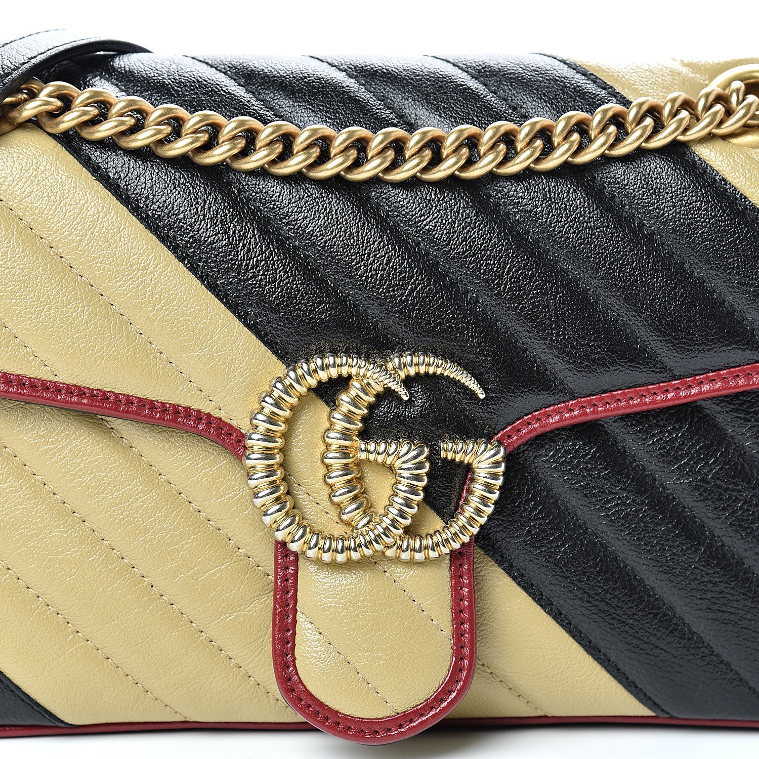 Gucci Vintage Effect Calfskin Matelasse Diagonal Striped Small Torchon GG Marmont Shoulder Bag Black Beige 7 of 10