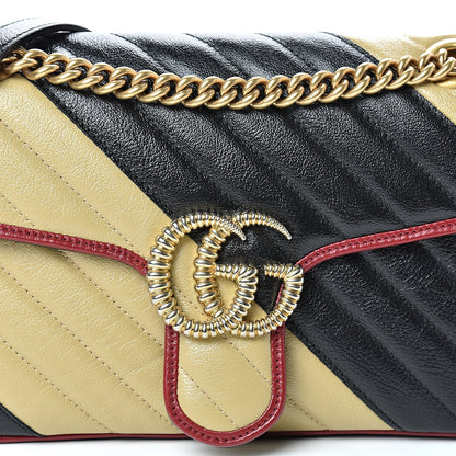 Gucci Vintage Effect Calfskin Matelasse Diagonal Striped Small Torchon GG Marmont Shoulder Bag Black Beige 7 of 10