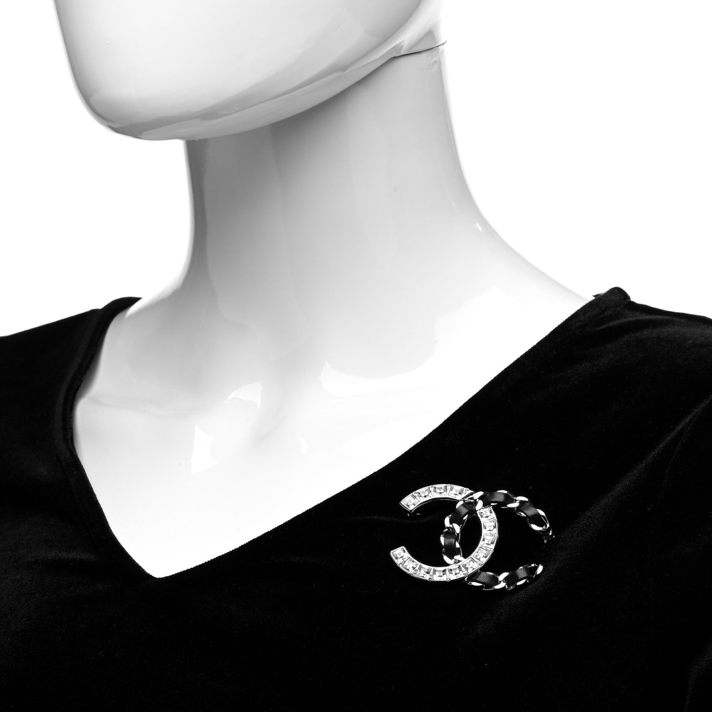 Lambskin Baguette Crystal CC Chain Brooch Black Silver