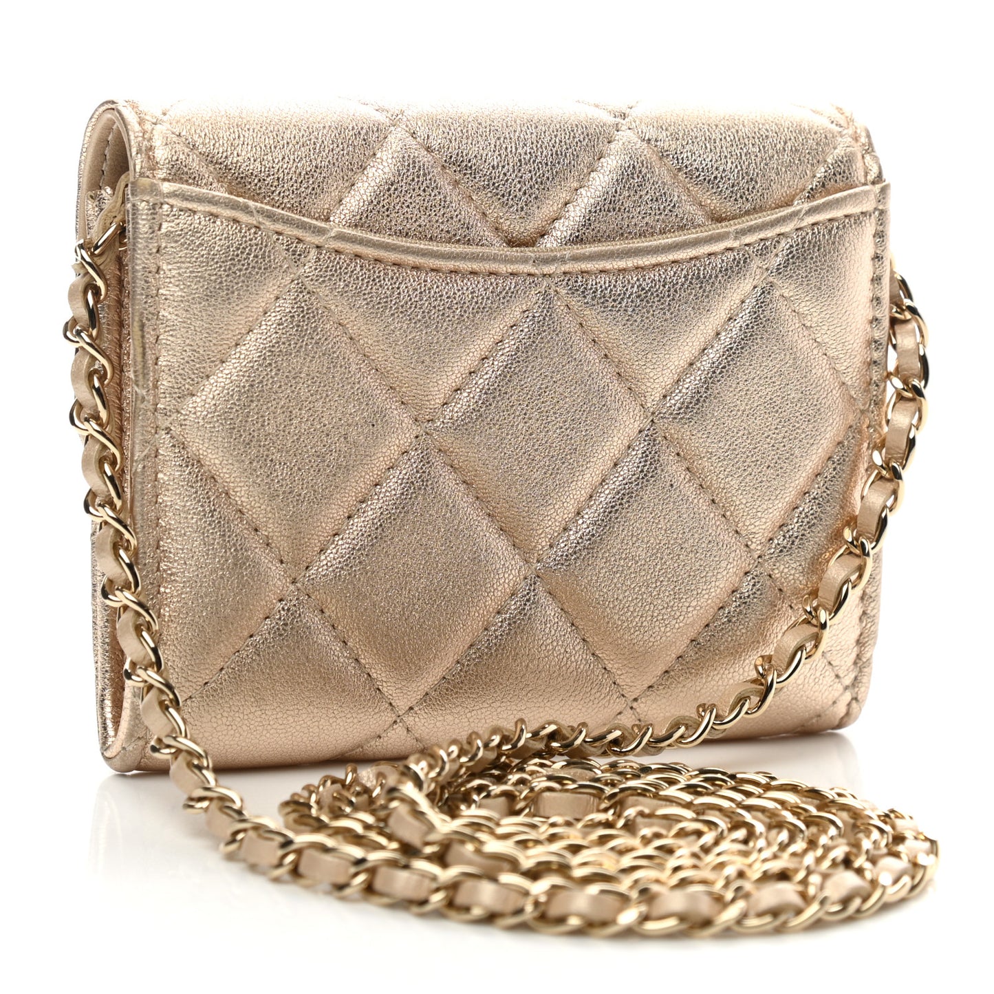 Metallic Lambskin Quilted Flap Card Holder On Chain Gold