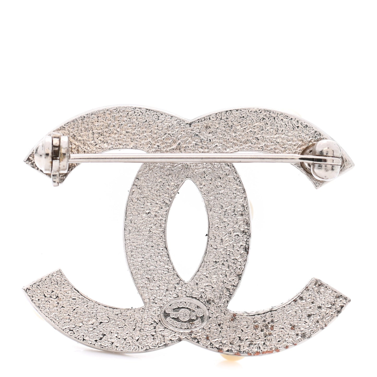 Pearl Crystal CC Mini Brooch Silver