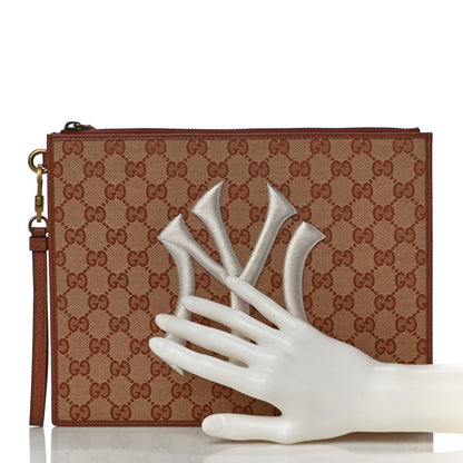 Gucci X MLB GG Monogram NY Yankees Zip Wristlet Pouch Beige Ruggine Ivory 3 of 11