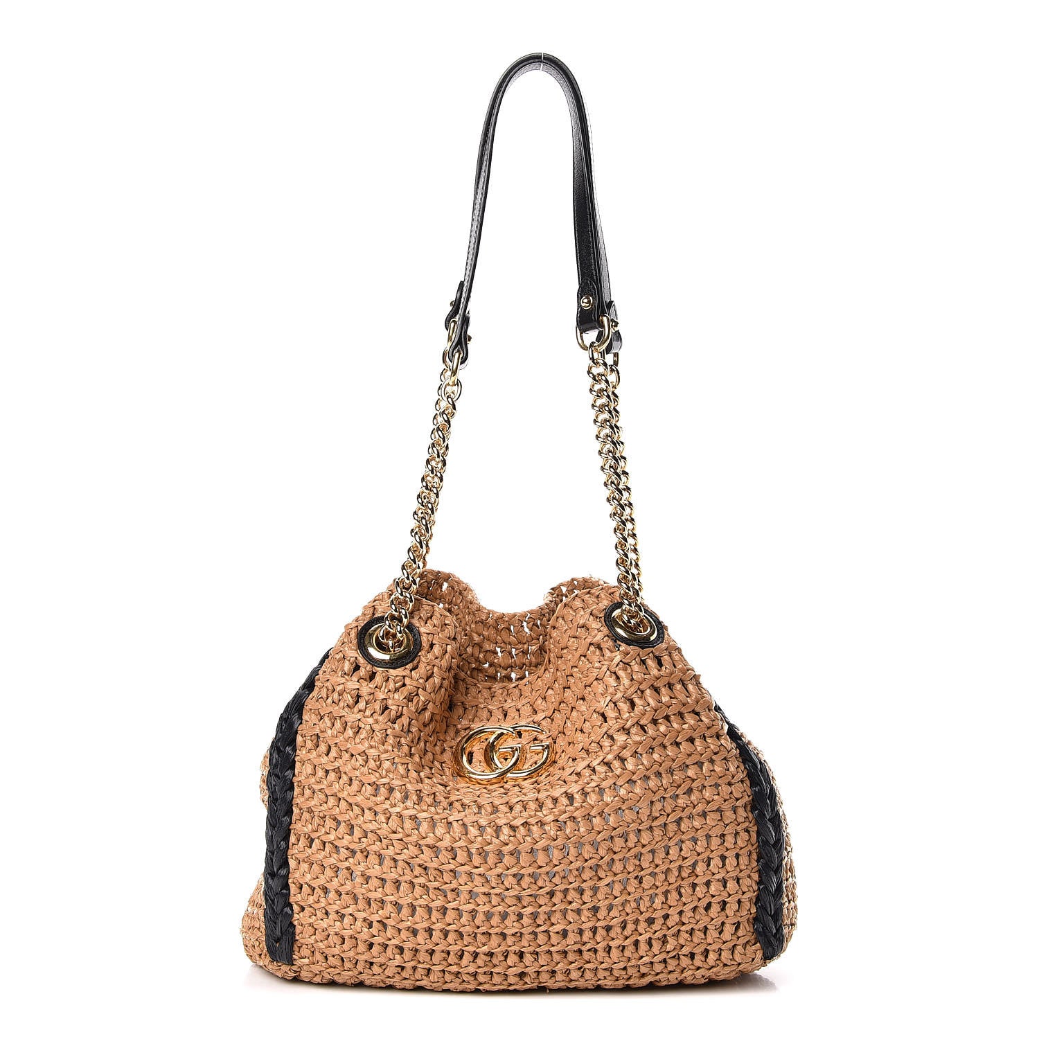 Gucci Raffia Effect Medium GG Marmont Shoulder Tote Bag Natural Black 1 of 11