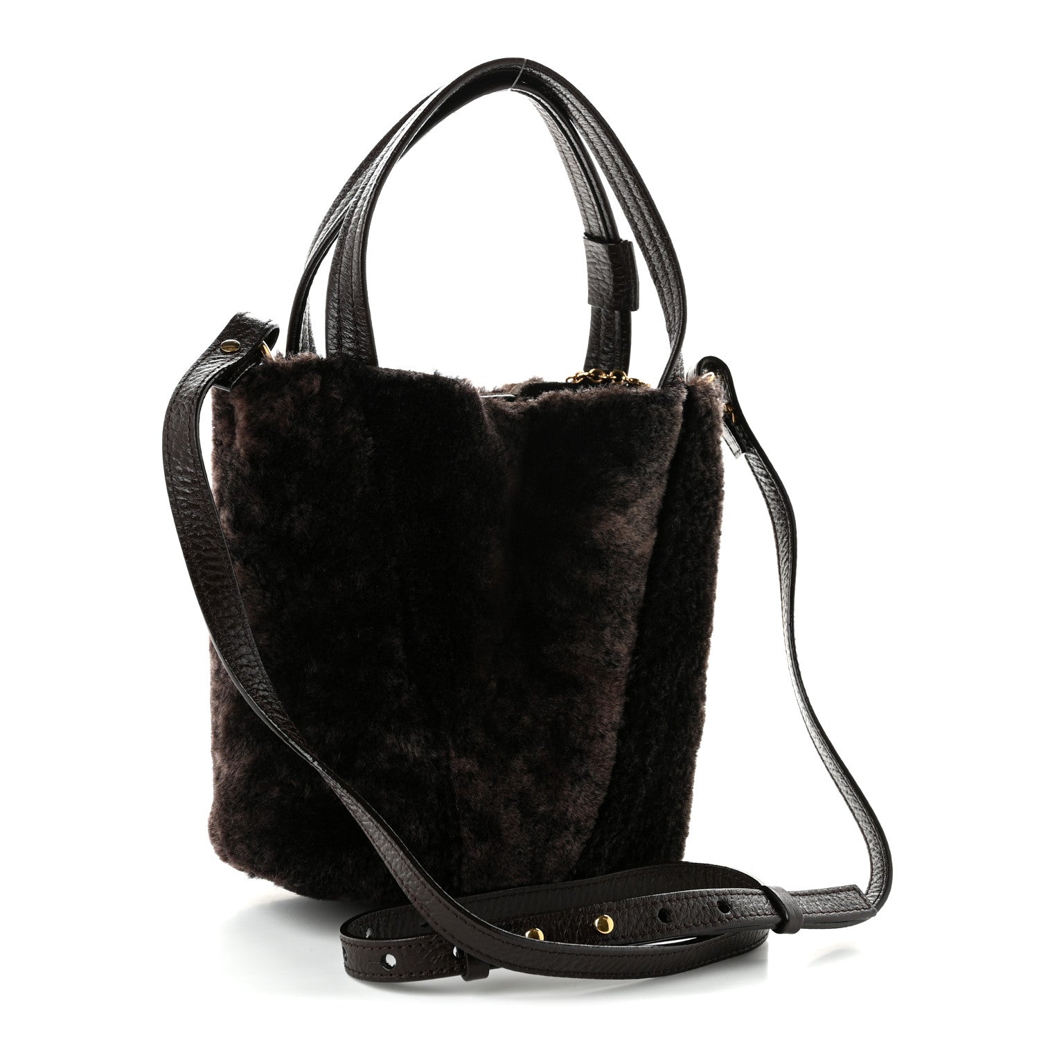 Chloe Shearling Small Spin Tote Dark Brown 3 of 10